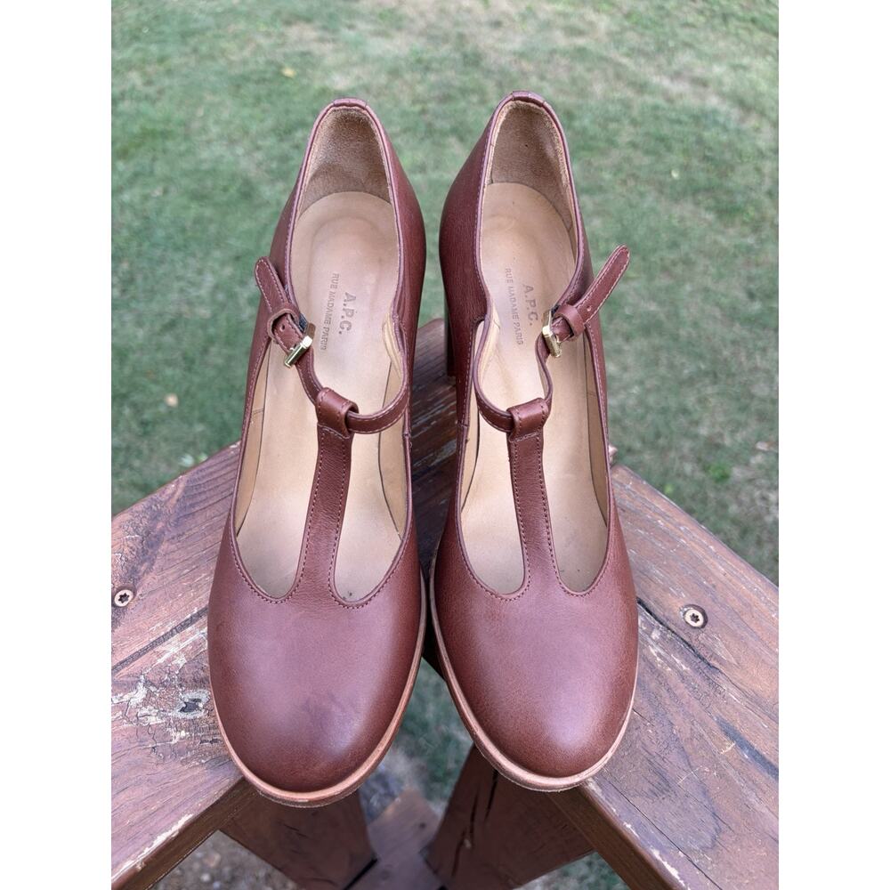 A.P.C Brown Leather T Strap Mary Jane Block Heels Parisian Chic EU 39 US 9 - Picture 2 of 8